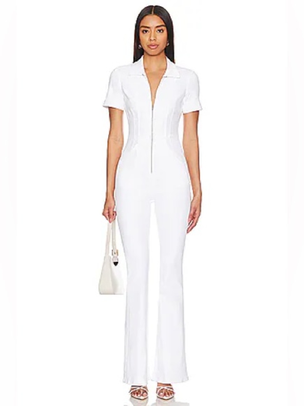 Free People Jayde Flare Fitted Zipped up Jumpsuit White SZ M